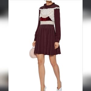 VALENTINO VELVET TRIMMED CHANTILLY LACE PANELED SILK JERSEY MINI DRESS